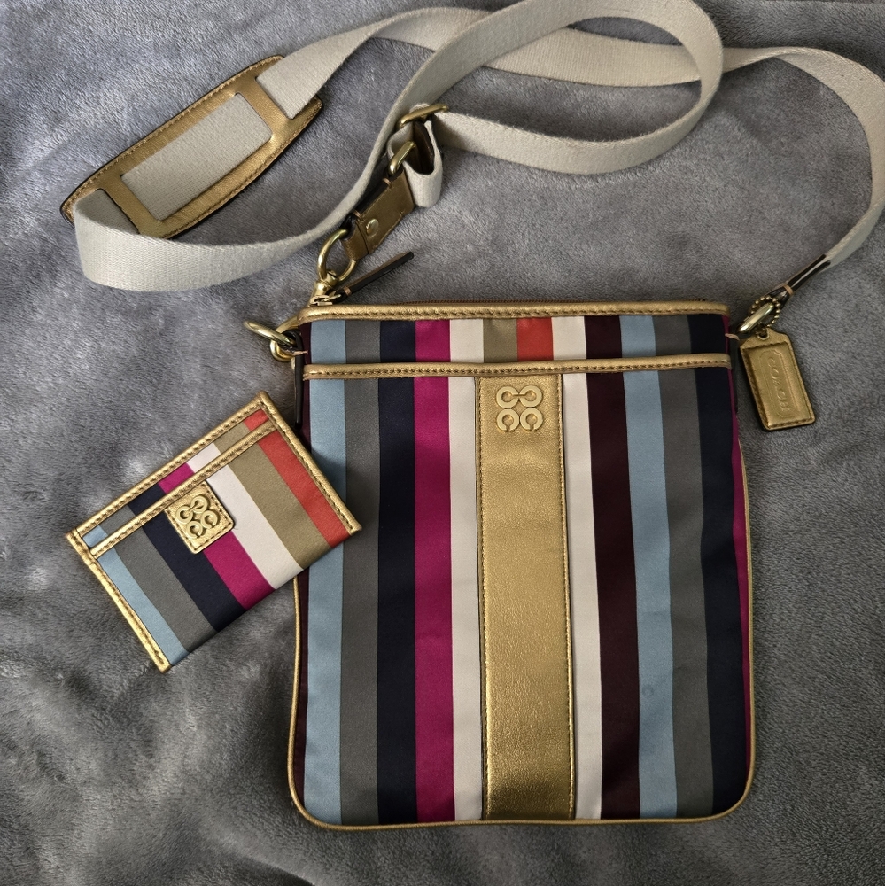Coach Legacy Julia Gold and Multicolor Stripe Crossbody Bag With Matching Wallet